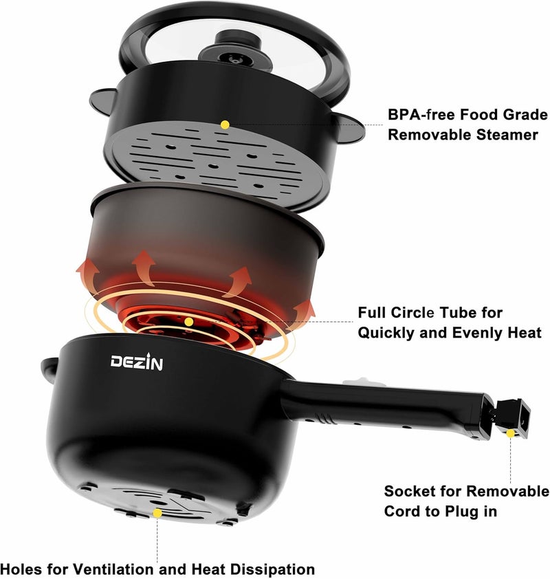 DEZIN Electric Cooker, 2L Non-Stick Sauté Pan, Rapid Noodles Cooker, Mini Pot for Steak, Egg, Fried Rice, Ramen, Oatmeal, Soup with Power Adjustment, College Dorm Room Essential(Egg Rack Included) - Image 4